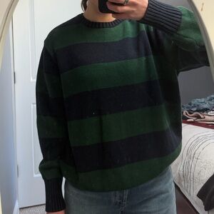 Brandy Melville Dark Green and Navy Striped Crewneck Sweater